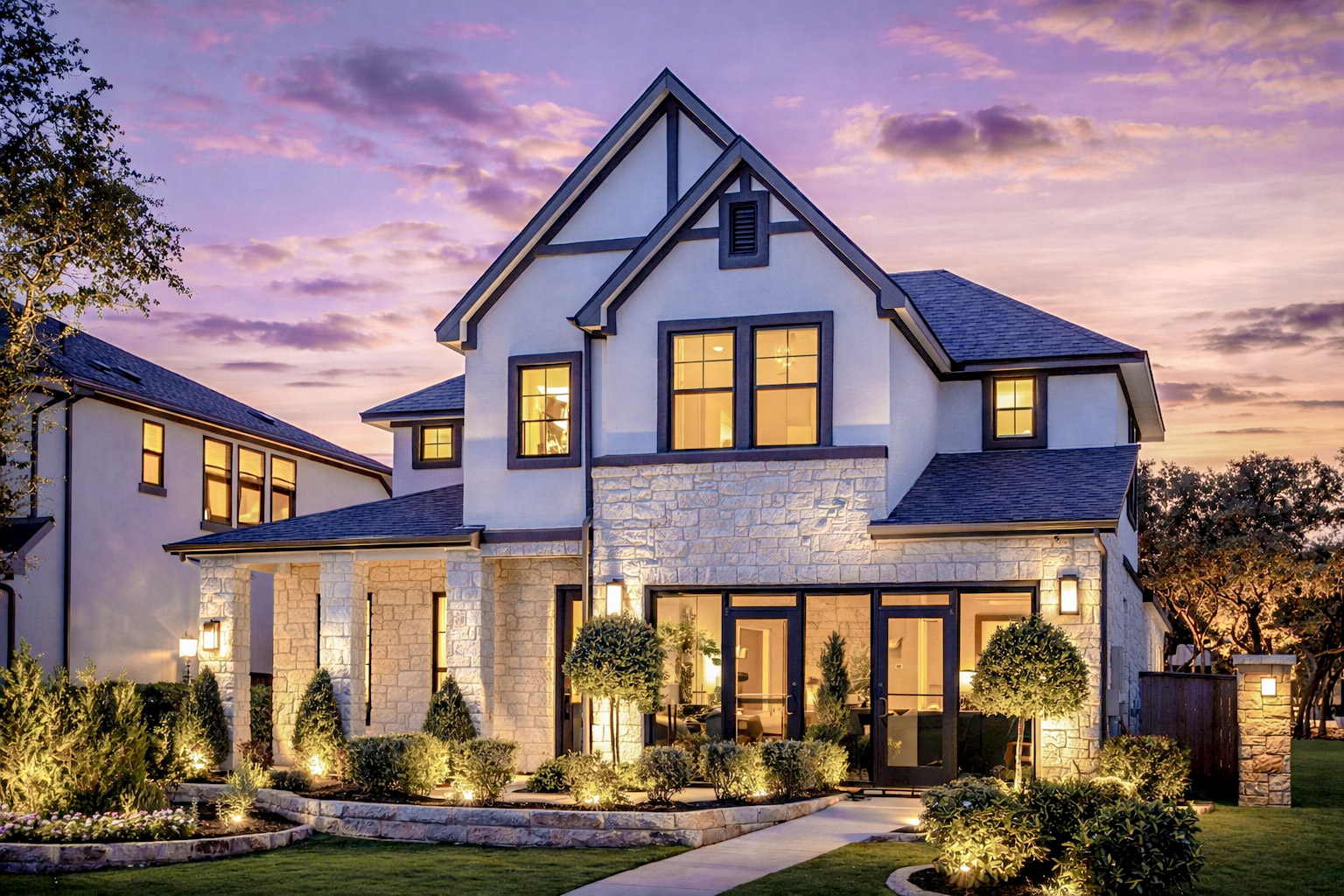 twilight glow on a tudor home